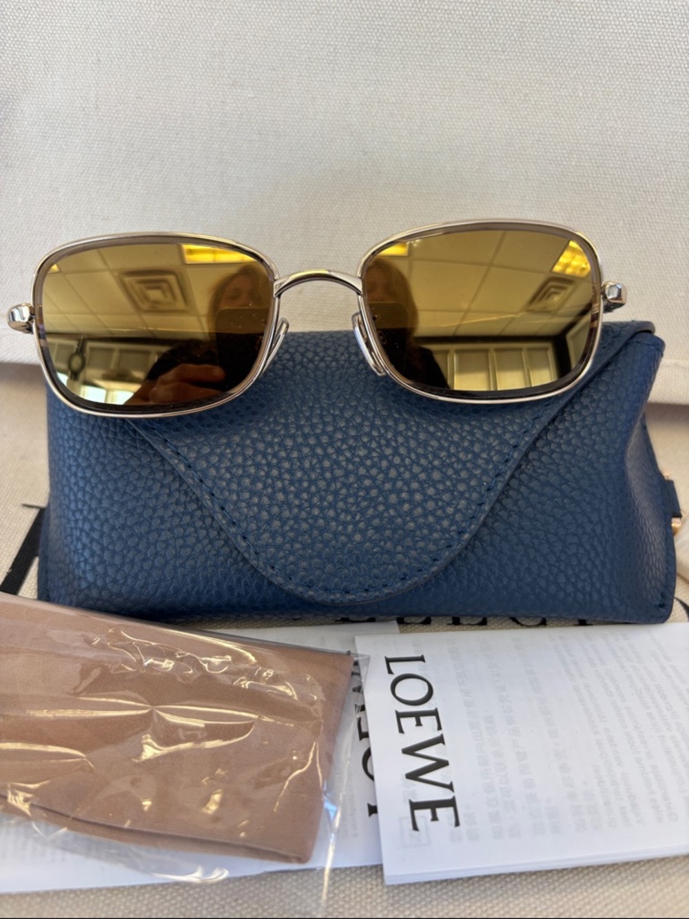 Loewe Gold Metal Frame Sunglasses with Brown Lenses and Navy Case